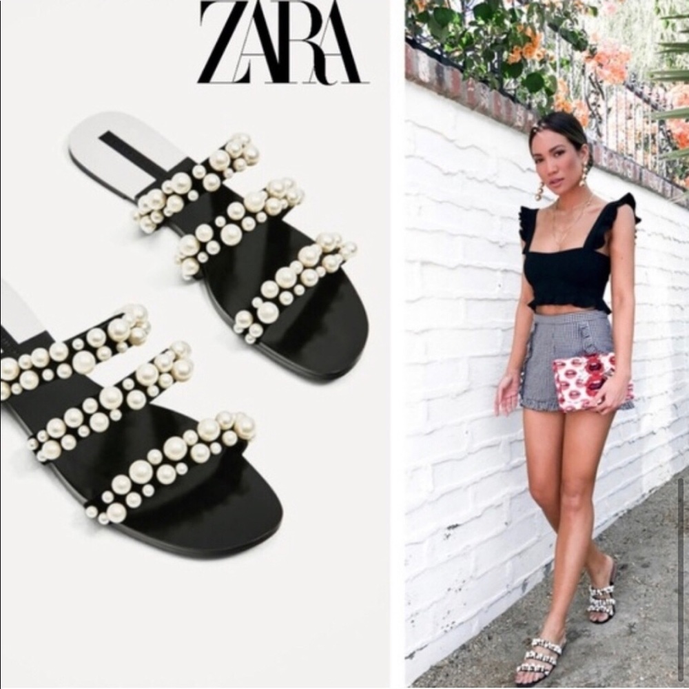Zara pearl embellished black velvet flat sandals